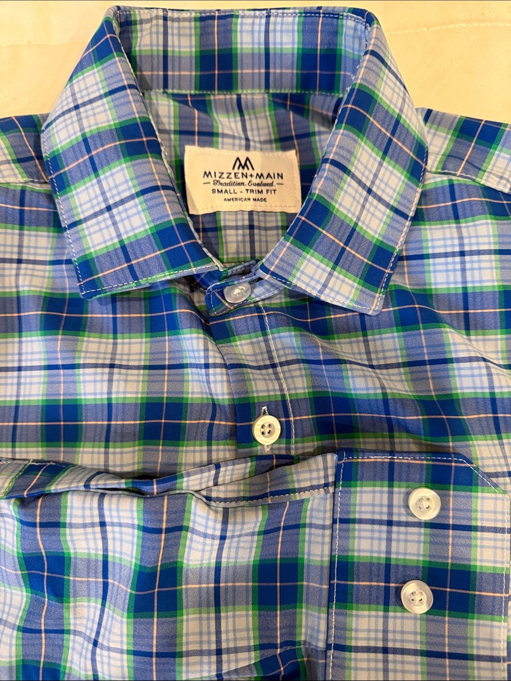 Mizzen+Main Blue and Green Plaid Casual Button-Down Shirt small